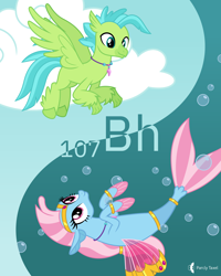 Size: 4000x5000 | Tagged: safe, artist:parclytaxel, imported from derpibooru, oc, oc only, oc:bottlegriff, oc:wishgriff, classical hippogriff, hippogriff, seapony (g4), series:joycall6's periodic table, .svg available, absurd resolution, bohrium, bubble, chemistry, cloud, commission, duality, eye contact, flying, looking at each other, periodic table, smiling, smiling at each other, trotcon, trotcon online, underwater, vector, yin-yang