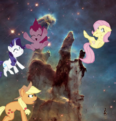 Size: 828x861 | Tagged: safe, artist:benpictures1, imported from ponybooru, applejack, fluttershy, pinkie pie, rarity, applejack is not amused, pillars of creation, pinkie being pinkie, unamused