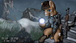 Size: 1920x1080 | Tagged: safe, artist:canagán, oc:wildcard, earth pony, fallout equestria, ak47, anomaly, fallout: equestria - all roads lead home, featured image, gun, moonlight, rifle, ruins, s.t.a.l.k.e.r., snow, stalker, thousand yard stare, weapon