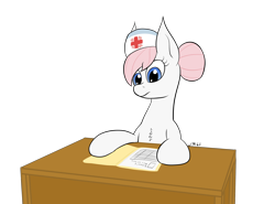 Size: 2418x1790 | Tagged: safe, artist:wapamario63, imported from ponybooru, nurse redheart, earth pony, pony, chest fluff, colored, desk, female, flat colors, folder, hat, looking down, mare, paper, simple background, sitting, solo, transparent background