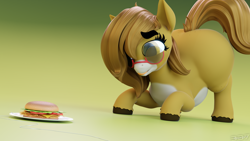 Size: 3840x2160 | Tagged: safe, artist:durpy337, imported from derpibooru, oc, oc only, oc:pencil test, earth pony, pony, 3d, belly, big belly, blender, burger, butt, butt freckles, dock, fat, female, food, freckles, glasses, hay burger, high res, imminent pounce, large butt, leg freckles, licking, licking lips, plate, render, solo, thick eyebrows, tongue out, trap (device), unshorn fetlocks