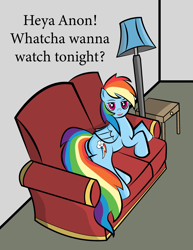 Size: 2550x3300 | Tagged: safe, artist:vareb, imported from derpibooru, rainbow dash, pegasus, pony, couch, high res, implied anon, lamp, looking at you, smiling, solo, table, talking to viewer, text, this will end in snuggles