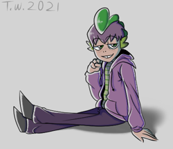 Size: 421x362 | Tagged: safe, artist:beefgummies, imported from derpibooru, spike, human, bangs, clothes, freckles, gray background, hoodie, human spike, humanized, jacket, shirt, sideburns, simple background, striped shirt