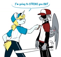 Size: 1708x1588 | Tagged: safe, artist:redxbacon, imported from derpibooru, oc, oc only, oc:single strike, oc:swift pitch, anthro, pegasus, unicorn, baseball, baseball bat, baseball cap, cap, dialogue, duo, female, hat, mare, sports