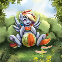 Size: 1500x1500 | Tagged: safe, artist:mdwines, imported from derpibooru, rainbow dash, butterfly, pegasus, pony, canon, cute, dashabetes, eating, fanart, female, filly, filly rainbow dash, food, grass, herbivore, mare, melon, solo, spread wings, summer, underhoof, watermelon, wings, younger