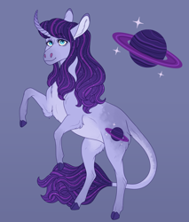 Size: 2250x2640 | Tagged: safe, artist:bluet0ast, imported from derpibooru, oc, oc only, pony, unicorn, colored hooves, curved horn, high res, horn, magical lesbian spawn, offspring, parent:princess luna, parent:twilight sparkle, parents:twiluna, planet, purple background, rearing, saturn, simple background, unicorn oc