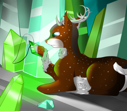 Size: 1771x1545 | Tagged: safe, artist:byemyfriends, artist:schokocream, imported from derpibooru, oc, oc only, oc:tyandaga, deer, antlers, crystal, deer oc, jewelry, lying down, male, necklace, prone, solo