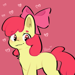 Size: 1000x1000 | Tagged: safe, artist:kokoaapuff, imported from derpibooru, apple bloom, earth pony, pony, adorabloom, blank flank, bow, chest fluff, cute, ear fluff, female, filly, hair bow, heart, heart eyes, looking at you, red background, simple background, solo, wingding eyes