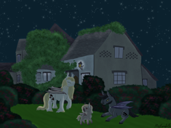 Size: 2008x1500 | Tagged: safe, artist:misskanabelle, imported from derpibooru, oc, oc only, oc:estrella, oc:renwick, oc:silvanus, bat pony, pony, bat pony oc, bat wings, building, family, female, gay, magical gay spawn, male, mare, night, oc x oc, offspring, outdoors, parent:oc:rewick, parent:oc:silvanus, parents:oc x oc, shipping, signature, stars, wings