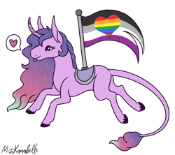 Size: 1258x1116 | Tagged: safe, artist:misskanabelle, imported from derpibooru, oc, oc only, oc:aurora, oc:aurora star, pony, unicorn, :p, ethereal mane, female, gay pride flag, horn, leonine tail, mare, pictogram, pride, pride flag, signature, simple background, solo, starry mane, tongue out, transparent background, unicorn oc