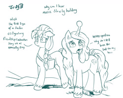 Size: 1581x1260 | Tagged: safe, artist:jowyb, artist:jowybean, imported from derpibooru, izzy moonbow, sunny starscout, earth pony, pony, unicorn, ball, breaking the fourth wall, duo, female, g5, horn, horn impalement, izzy's tennis ball, mare, misspelling, sketch, tennis ball