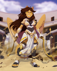 Size: 1025x1280 | Tagged: safe, artist:hakkids2, imported from derpibooru, oc, oc only, anthro, digitigrade anthro, sphinx, bedroom eyes, breasts, clothes, cloud, commission, detailed background, digital art, dress, dual wield, egyptian, egyptian pony, khopesh, loincloth, looking at you, sandals, sky, smiling, smiling at you, sphinx oc, spread wings, sword, tail, thighs, weapon, wide hips, wings
