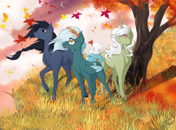Size: 3810x2812 | Tagged: safe, artist:theglassaddiction, imported from derpibooru, oc, oc only, earth pony, pegasus, pony, unicorn, grass, high res, leaves, solo, tree