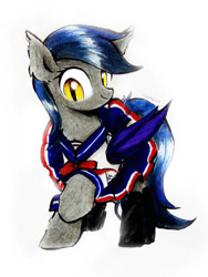 Size: 775x1031 | Tagged: safe, artist:liaaqila, imported from derpibooru, oc, oc only, oc:echo, bat pony, pony, boots, clothes, commission, female, mare, shoes, simple background, skirt, smiling, solo, traditional art