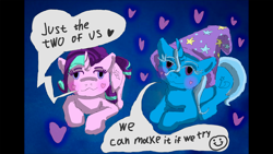 Size: 1920x1080 | Tagged: safe, artist:halfaman, imported from derpibooru, starlight glimmer, trixie, pony, unicorn, bill withers, colored, female, grover washington jr, grover washington jr., hat, heart, just the two of us, lesbian, meme, ponified meme, shipping, simple background, smiley face, song reference, startrix, text, wizard hat