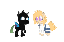 Size: 1000x650 | Tagged: safe, artist:symphonydawn3, artist:theunidentifiedchangeling, imported from derpibooru, oc, oc:[unidentified, oc:[unidentified], oc:jackie spectre, changeling, earth pony, animated, closed mouth, clothes, collaboration, cute, cuteling, dress, eyes open, fangs, gif, horn, shipping, simple background, standing, three quarter view, transparent background, wings