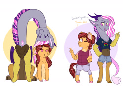 Size: 1280x960 | Tagged: safe, artist:moccabliss, imported from derpibooru, oc, oc only, oc:cupcake, oc:pandora, anthro, draconequus, hybrid, pony, pandoraverse, chibi, clothes, female, interspecies offspring, lesbian, mare, oc x oc, offspring, offspring shipping, pants, parent:cheese sandwich, parent:discord, parent:pinkie pie, parent:twilight sparkle, parents:cheesepie, parents:discolight, shipping, shorts