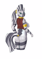 Size: 2149x3035 | Tagged: safe, alternate version, artist:firebird145, imported from derpibooru, zecora, anthro, zebra, clothes, colored, female, high res, looking back, neck rings, signature, solo