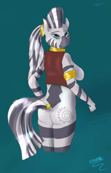 Size: 1807x2803 | Tagged: safe, alternate version, artist:firebird145, imported from derpibooru, zecora, anthro, zebra, clothes, colored, female, looking back, neck rings, signature, solo