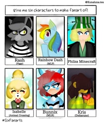 Size: 736x878 | Tagged: safe, artist:kunaluna.tea, imported from derpibooru, rainbow dash, anthro, dog, pegasus, pony, six fanarts, animal crossing, anthro with ponies, bust, crossover, deltarune, female, isabelle, mare, miraculous ladybug, roblox