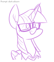 Size: 758x869 | Tagged: safe, artist:moonatik, imported from derpibooru, twilight sparkle, alicorn, pony, clothes, dork, female, glasses, mare, shirt, sketch, smiling, solo, sweater, twilight sparkle (alicorn)