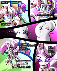 Size: 2400x3000 | Tagged: safe, artist:keytee-chan, imported from derpibooru, maud pie, nurse redheart, princess celestia, oc, oc:morning dawn, oc:nurse sun care, alicorn, earth pony, unicorn, comic:the great big fusion 2 remake, comic, fusion, gritted teeth, hair bun, high res