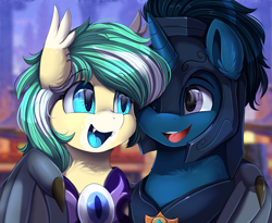 Size: 3215x2640 | Tagged: safe, artist:pridark, imported from derpibooru, oc, oc only, oc:icy breeze, oc:slashing prices, bat pony, pony, unicorn, armor, badge, bat pony oc, bat wings, blue eyes, blue tongue, bust, commission, duo, ear fluff, ear piercing, earring, eye, eyebrows, eyes, fangs, female, helmet, high res, horn, jewelry, looking at each other, male, mare, one eye closed, open mouth, piercing, portrait, purple eyes, royal guard, royal guard armor, shipping, smiling, stallion, two toned mane, unicorn oc, wings, wink