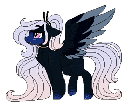 Size: 350x300 | Tagged: safe, artist:inspiredpixels, imported from derpibooru, oc, oc only, pegasus, pony, chest fluff, coat markings, colored hooves, colored wings, fangs, floppy ears, ponytail, simple background, solo, spread wings, standing, transparent background, wings