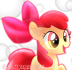 Size: 1280x1245 | Tagged: safe, artist:sylhyanadoll, imported from derpibooru, apple bloom, earth pony, pony, deviantart watermark, female, filly, obtrusive watermark, open mouth, open smile, redraw, smiling, solo, watermark