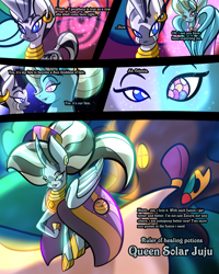 Size: 2400x3000 | Tagged: safe, artist:keytee-chan, imported from derpibooru, lightning dust, maud pie, nurse redheart, princess celestia, saffron masala, trixie, zecora, oc, oc:queen solar juju, oc:queen solar spectacular, alicorn, earth pony, unicorn, zebra, comic:the great big fusion 2 remake, comic, expecting, fusion, hair bun, high res, jojo reference, lipstick, makeup, tomboy taming