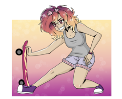 Size: 3977x3220 | Tagged: safe, artist:dreamy990, artist:nightydream, imported from derpibooru, oc, oc only, oc:sunrise skies, human, converse, high res, humanized, shoes, skateboard, solo, sunglasses