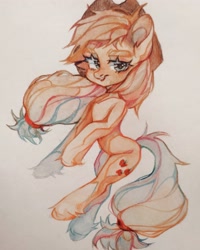 Size: 2065x2581 | Tagged: safe, artist:kencee6, imported from derpibooru, applejack, earth pony, pony, applejack's hat, blurry, cowboy hat, eyebrows, female, hat, high res, mare, solo, traditional art, unshorn fetlocks, watercolor painting