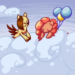 Size: 500x500 | Tagged: safe, artist:celadonlonghorn, imported from derpibooru, pinkie pie, oc, oc:desert eagle, pony, ask desert eagle, balloon, cloud, floating, party balloon, sleeping, then watch her balloons lift her up to the sky