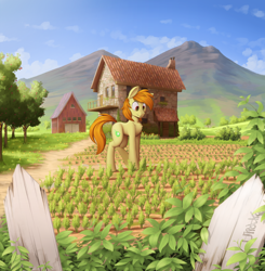 Size: 2500x2553 | Tagged: safe, artist:uliovka, imported from derpibooru, oc, oc only, oc:beamshot, oc:beamy, earth pony, pony, apple, apple tree, chest fluff, commission, farm, food, high res, male, picket fence, scenery, scenery porn, similing, smiling, solo, stallion, tree