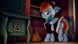 Size: 3840x2160 | Tagged: safe, artist:psfmer, imported from derpibooru, rainbow dash, pegasus, pony, 3d, broom, butt, clothes, dress, frown, high res, looking at you, looking back, looking back at you, lost bet, maid, maid headdress, plot, rainbow dash always dresses in style, rainbow dash is not amused, rainbow maid, rainbutt dash, revamped ponies, solo, source filmmaker, unamused, uniform