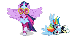 Size: 1273x659 | Tagged: safe, artist:benpictures1, imported from derpibooru, masked matter-horn, rainbow dash, twilight sparkle, zapp, alicorn, pegasus, pony, power ponies (episode), duo, duo female, female, inkscape, power ponies, simple background, transparent background, twilight sparkle (alicorn), vector