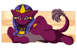 Size: 3318x2095 | Tagged: safe, artist:pridark, imported from derpibooru, sphinx (character), sphinx, commission, desert, draw me like one of your french girls, egyptian, egyptian headdress, female, giantess, high res, jewelry, lidded eyes, looking at you, macro, pyramid, smiling, solo