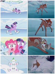 Size: 4096x5462 | Tagged: safe, imported from derpibooru, pinkie pie, spike, twilight sparkle, deer, dragon, pony, rabbit, unicorn, season 1, winter wrap up, animal, bambi, butt, butt pushing, comparison, disney, female, ice skating, male, open mouth, unicorn twilight