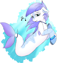 Size: 1280x1418 | Tagged: safe, artist:monsoonvisionz, imported from derpibooru, oc, oc only, merpony, seapony (g4), blue eyes, blue mane, crepuscular rays, dorsal fin, female, fish tail, flowing mane, flowing tail, jewelry, looking at you, music notes, necklace, open mouth, simple background, smiling, solo, sunlight, tail, transparent background, underwater, water