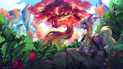 Size: 2500x1406 | Tagged: safe, artist:redchetgreen, imported from derpibooru, oc, oc only, pony, butt, clothes, cutie mark, mountain, open mouth, plot, rock, scenery, scenery porn, slim, solo, tree of life, unknown species, waterfall