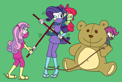 Size: 2164x1461 | Tagged: safe, artist:bugssonicx, imported from derpibooru, apple bloom, rarity, scootaloo, sweetie belle, equestria girls, alternate clothes, ambush, apple bloom's bow, bo staff, bow, brightly colored ninjas, chokehold, cutie mark crusaders, female, fight, hair bow, kunoichi, lasso, martial arts, mask, ninja, one eye closed, rear naked choke, rope, sandals, siblings, sisters, sleeper hold, teddy bear, weapon