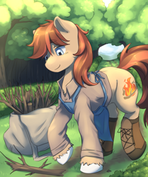 Size: 3934x4700 | Tagged: safe, artist:aquoquoo, imported from derpibooru, oc, oc only, oc:cottonwood kindle, earth pony, pony, absurd resolution, apron, bag, boots, clothes, forest, male, scenery, shirt, shoes, solo, stallion, stick, tree