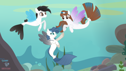 Size: 3200x1800 | Tagged: safe, artist:starwolff-nyota, imported from derpibooru, oc, oc only, alicorn, pegasus, pony, seapony (g4), blue eyes, brown eyes, bubble, crepuscular rays, dorsal fin, female, fin wings, fins, fish tail, flowing mane, flowing tail, horn, jewelry, looking at each other, male, necklace, ocean, rock, seaponified, seaweed, smiling, species swap, spread wings, sunlight, tail, underwater, water, wings