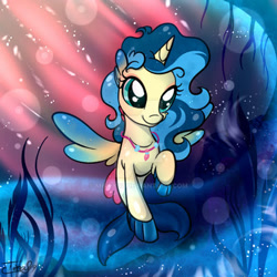 Size: 400x400 | Tagged: safe, artist:mirry92, imported from derpibooru, oc, oc only, oc:tina fountain heart, alicorn, pony, seapony (g4), blue mane, bubble, crepuscular rays, dorsal fin, female, fin wings, fins, fish tail, flowing mane, flowing tail, green eyes, horn, jewelry, necklace, ocean, seaponified, seaweed, signature, smiling, solo, species swap, swimming, tail, underwater, water, wings