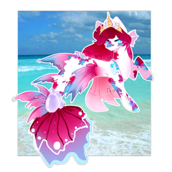 Size: 2372x2372 | Tagged: safe, artist:kikkapone, imported from derpibooru, oc, oc only, merpony, seapony (g4), blue eyes, cloud, crown, dorsal fin, female, fins, fish tail, flowing mane, flowing tail, high res, jewelry, looking at you, ocean, one eye closed, photo, red mane, regalia, simple background, sky, solo, tail, transparent background, water, wink