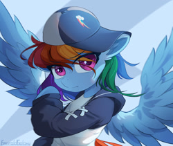 Size: 2100x1775 | Tagged: dead source, safe, artist:emeraldgalaxy, imported from derpibooru, rainbow dash, pegasus, pony, backwards ballcap, baseball cap, cap, clothes, female, hat, hoodie, jacket, looking at you, mare, solo, spread wings, tomboy, wings