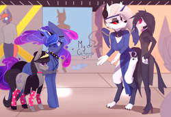 Size: 3800x2600 | Tagged: safe, artist:chapaevv, imported from derpibooru, octavia melody, princess luna, alicorn, anthro, avian, bird, demon, digitigrade anthro, earth pony, hellhound, owl, pony, anthro with ponies, avian demon, bird demon, breasts, cleavage, clothes, clothes swap, convention, cosplay, costume, crossover, dialogue, female, furry, helluva boss, high heels, high res, indoors, loona (helluva boss), mare, name joke, name pun, namesake, octavia (helluva boss), pegasister, pentagram, princess loona, pun, semi-vulgar, shoes, side slit, text, visual pun