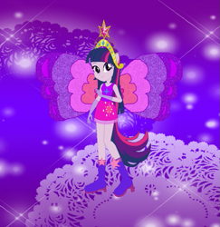 Size: 781x804 | Tagged: safe, artist:magical-mama, artist:selenaede, artist:user15432, imported from derpibooru, twilight sparkle, alicorn, fairy, human, equestria girls, barely eqg related, base used, big crown thingy, boots, clothes, crossover, crown, cutie mark, cutie mark on clothes, dress, element of magic, fairy wings, fairyized, gloves, gradient background, high heel boots, high heels, jewelry, looking at you, magic winx, ponied up, purple background, purple dress, purple shoes, purple wings, regalia, shoes, simple background, solo, sparkly background, twilight sparkle (alicorn), wings, winx, winx club, winxified