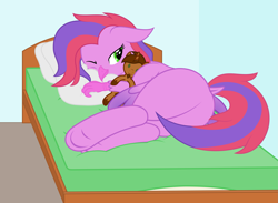 Size: 4677x3432 | Tagged: safe, artist:waveywaves, imported from derpibooru, oc, oc only, oc:coppercore, oc:lilac, hippogriff, original species, plush pony, bed, butt, plot, plushie, simple background, solo