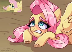 Size: 2048x1493 | Tagged: safe, artist:skysorbett, artist:skysorbett_art, imported from derpibooru, screencap, fluttershy, pegasus, pony, dragonshy, cowering, female, mare, scared, scene interpretation, screencap reference, solo, unshorn fetlocks